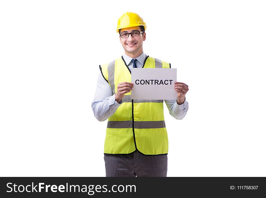 Construction supervisor with contract isolated on white background