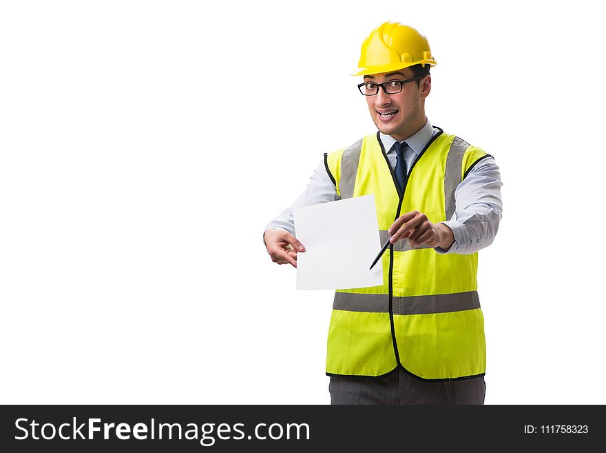 Construction supervisor with blank sheet isolated on white background