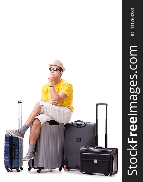 The happy young man going on summer vacation isolated on white