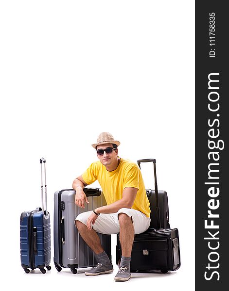 The happy young man going on summer vacation isolated on white