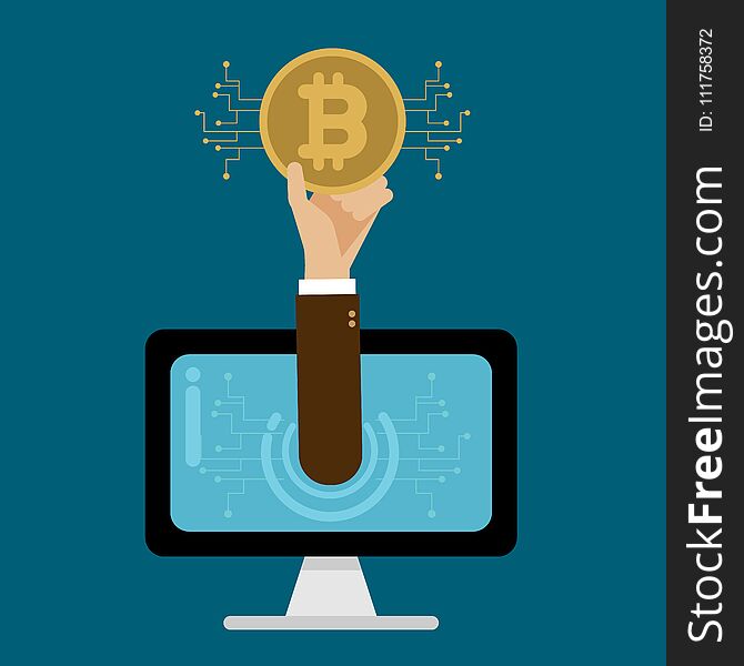 Businessman Hand Holding Bitcoin Inside Computer. Concepts Vector Illustration