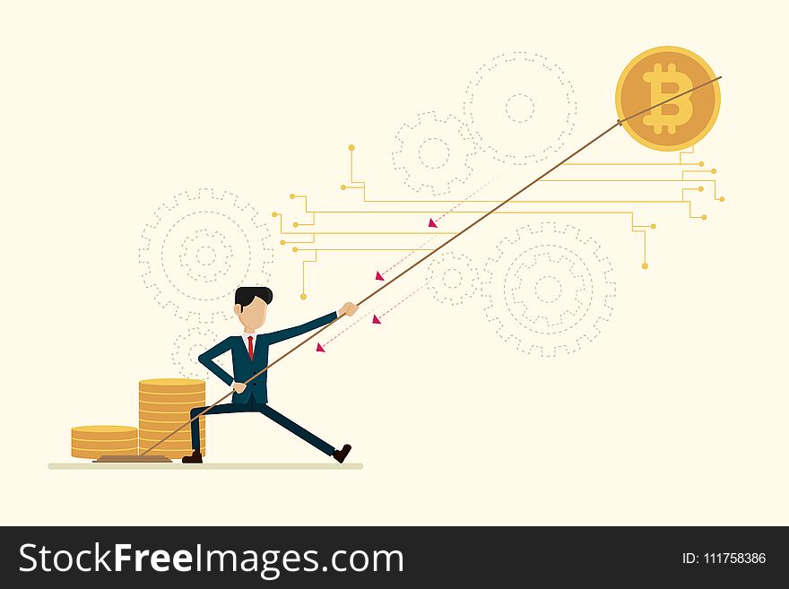 Businessman Pull Bitcoin Background Digital And Gear. Concepts V