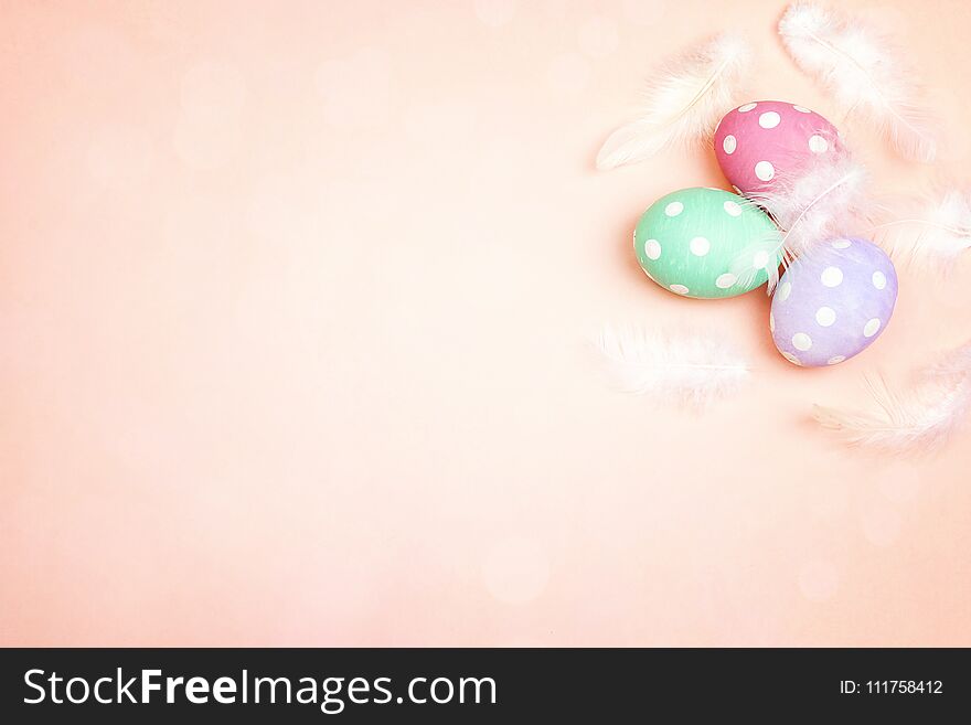 Colored Easter eggs with feathers on pink background. Space for text. Top view.