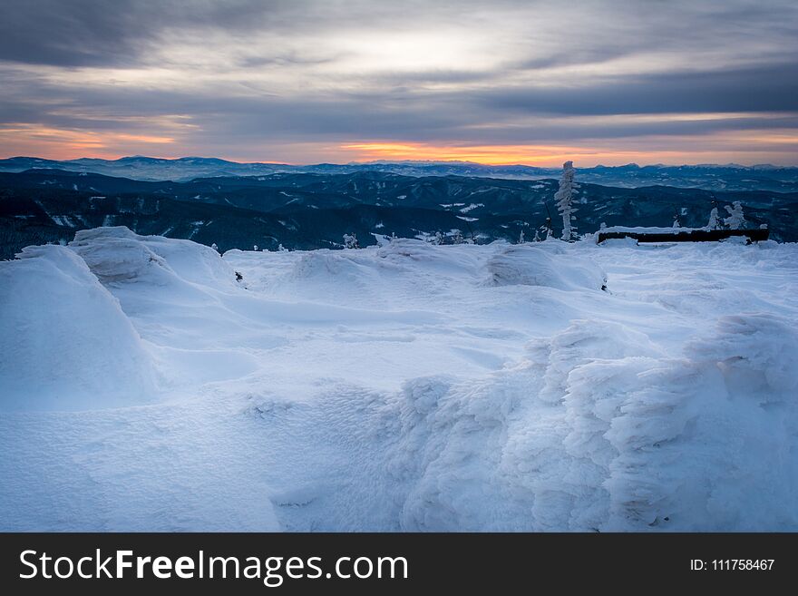 Sunrise in winter snowy Czech mountains Beskydy. Sunrise in winter snowy Czech mountains Beskydy