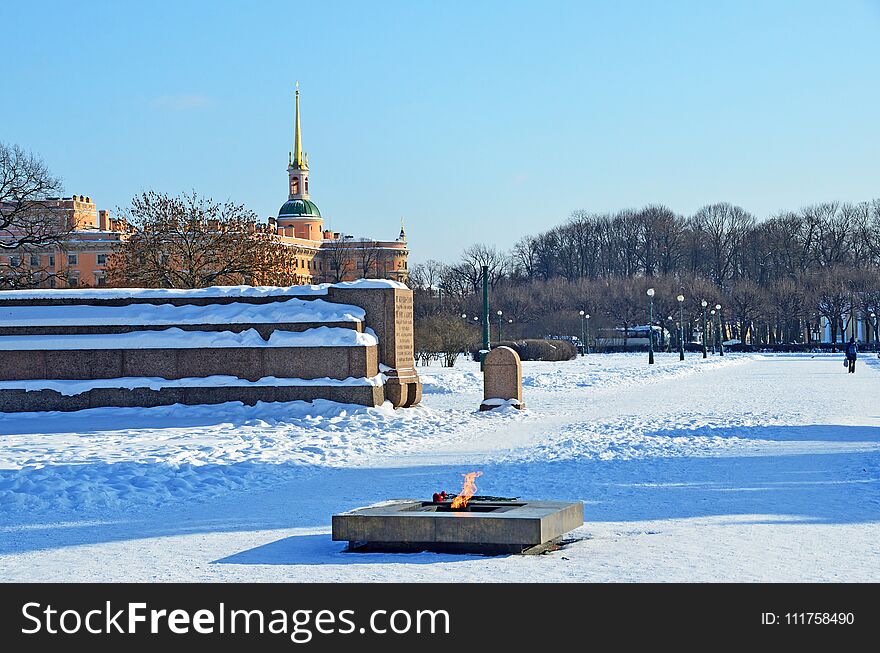 Russia, St. Petersburg, Eternal Flame On Marsovo Pole In Winter