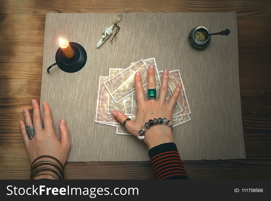 Tarot cards on fortune teller desk table. Future reading. Tarot cards on fortune teller desk table. Future reading.