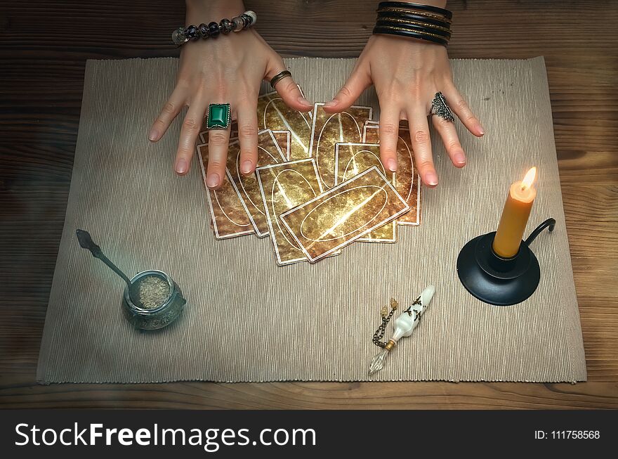 Tarot cards on fortune teller desk table. Future reading. Tarot cards on fortune teller desk table. Future reading.