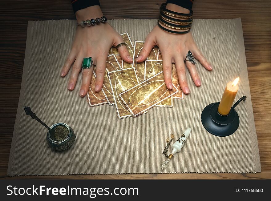 Tarot cards on fortune teller desk table. Future reading. Tarot cards on fortune teller desk table. Future reading.