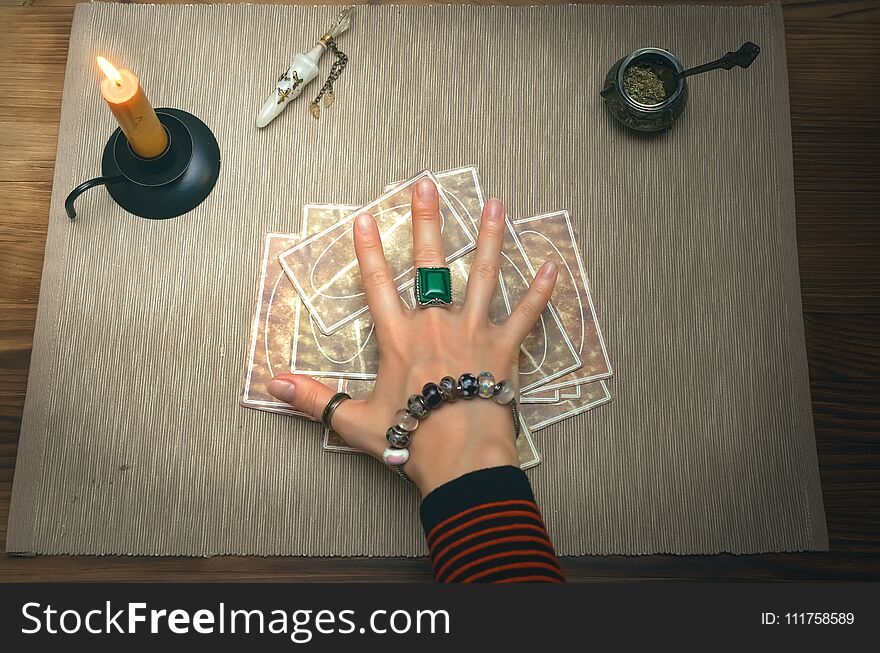 Tarot cards on fortune teller desk table. Future reading. Tarot cards on fortune teller desk table. Future reading.