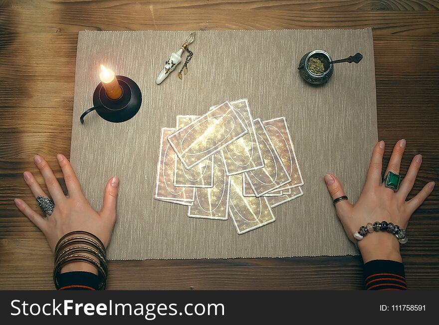 Tarot cards on fortune teller desk table. Future reading. Tarot cards on fortune teller desk table. Future reading.