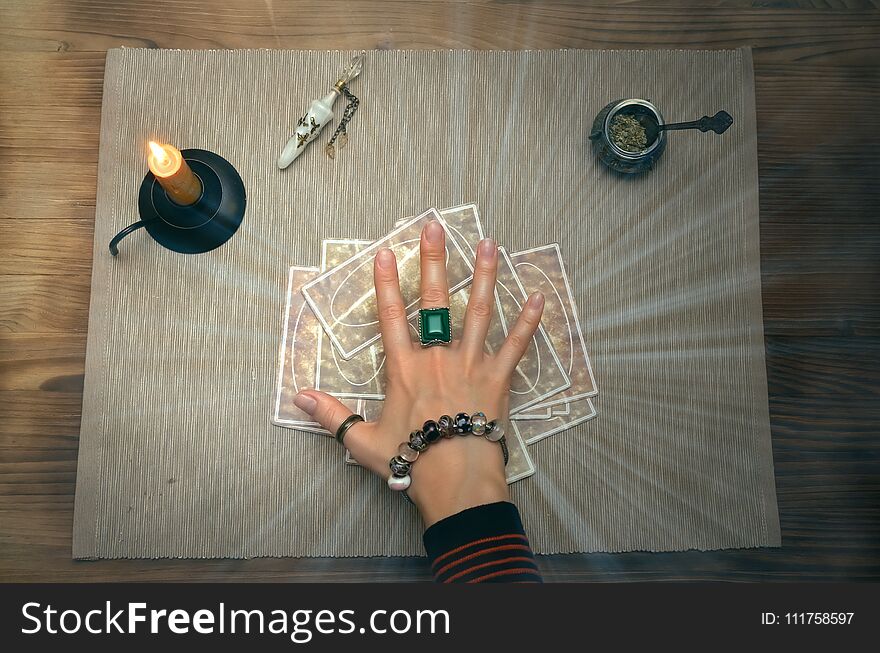 Tarot cards on fortune teller desk table. Future reading. Tarot cards on fortune teller desk table. Future reading.