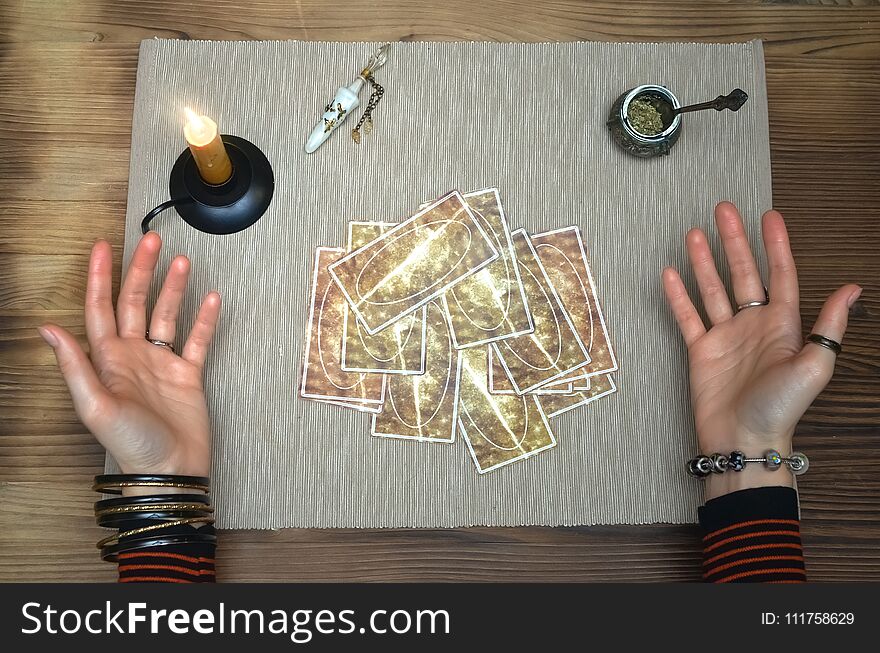 Tarot cards on fortune teller desk table. Future reading. Tarot cards on fortune teller desk table. Future reading.