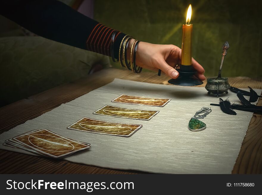 Tarot cards on fortune teller desk table. Future reading. Tarot cards on fortune teller desk table. Future reading.