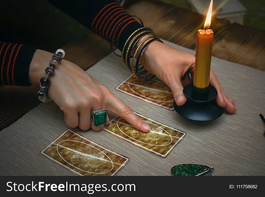 Tarot cards on fortune teller desk table. Future reading. Tarot cards on fortune teller desk table. Future reading.