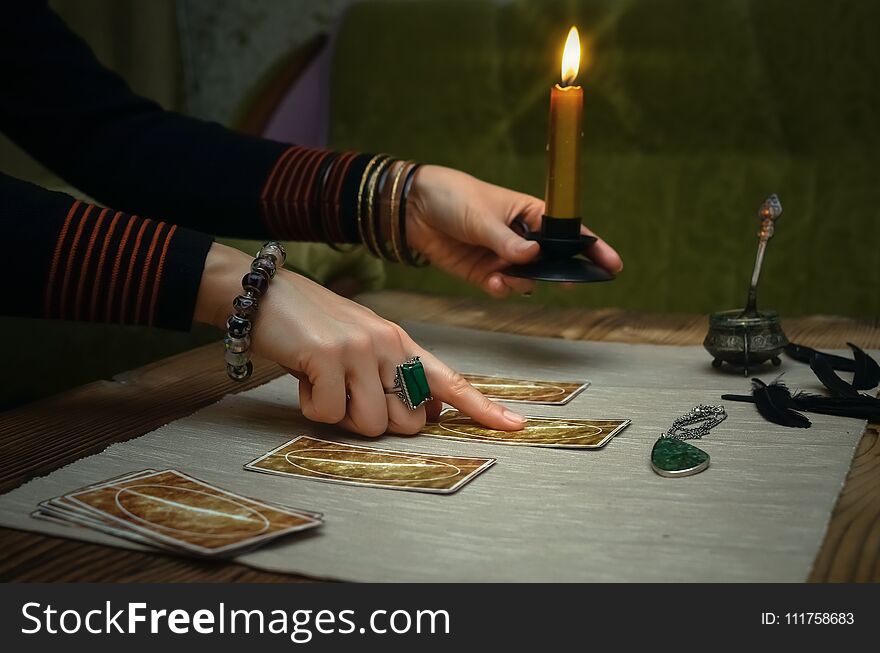 Tarot cards on fortune teller desk table. Future reading. Tarot cards on fortune teller desk table. Future reading.