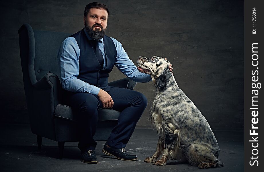 A Man And Irish Setter Dog.