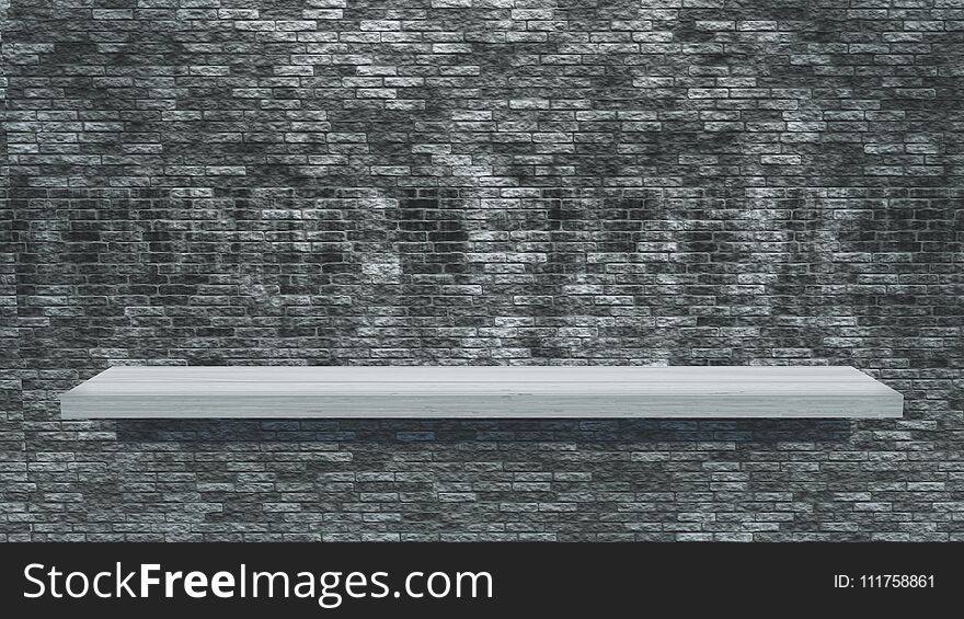 3D White Wooden Shelf On A Grunge Brick Wall