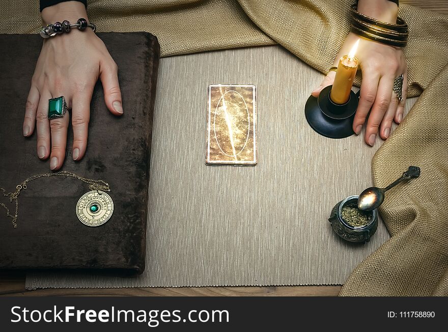 Book of magic. Future reading. Book of magic on fortune teller concept.