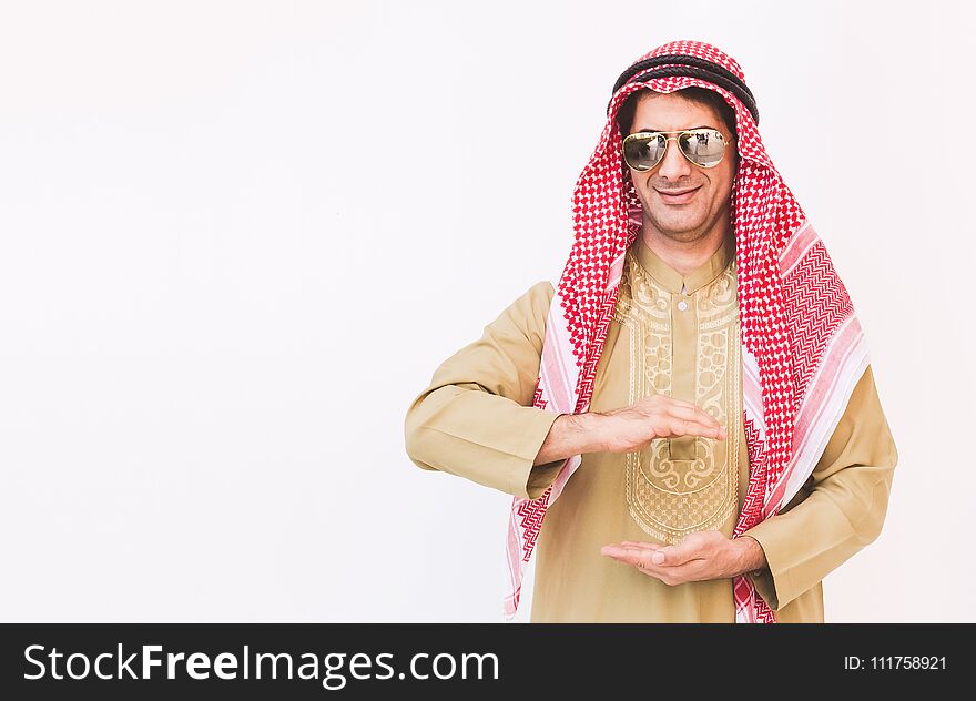 Arab businessman outstretched hand for implementation. Concept business, man