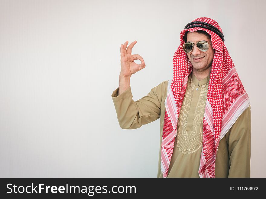 Arab Businessman Pointing Up Ok Hand Sign