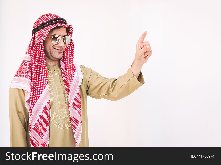 happy young Arab businessman with hands up. man