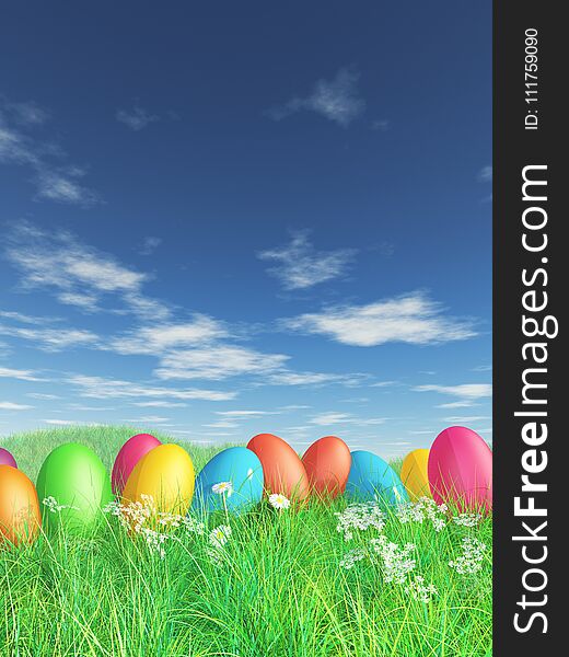 3D Easter Eggs In Grass And Daisy Landscape