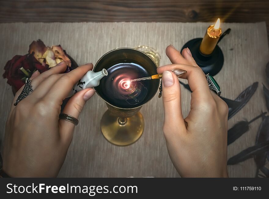 Woman Witch Prepare A Magic Potion. Tarot Cards. Future Reading. Fortune Teller Concept.