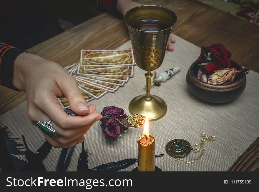 Magic Desk Table. Tarot Cards. Future Reading. Fortune Teller Concept.