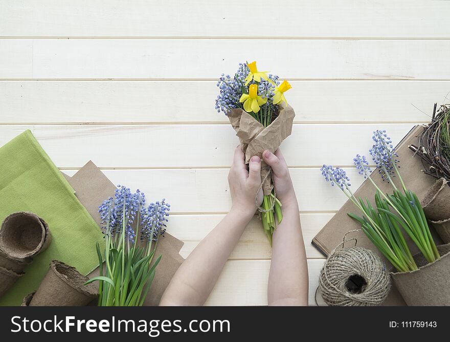 Children`s Hands Collect A Bouquet As A Gift. A Gift For Mom.