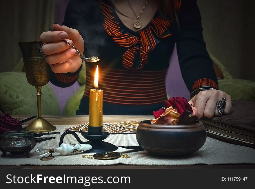 Woman Witch Prepare A Magic Potion. Tarot Cards. Future Reading. Fortune Teller Concept.