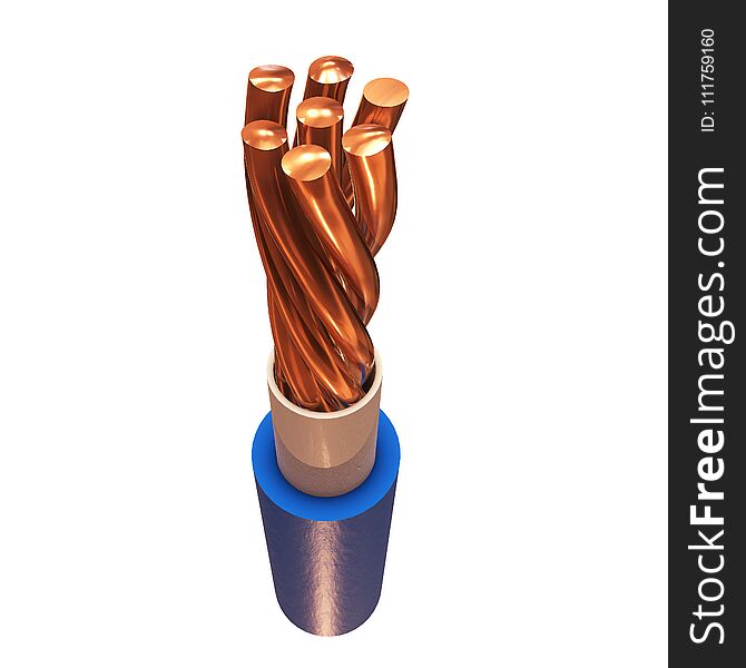 Copper electrical cable cleared wire. 3d render illustration isolated on white background. Copper electrical cable cleared wire. 3d render illustration isolated on white background.