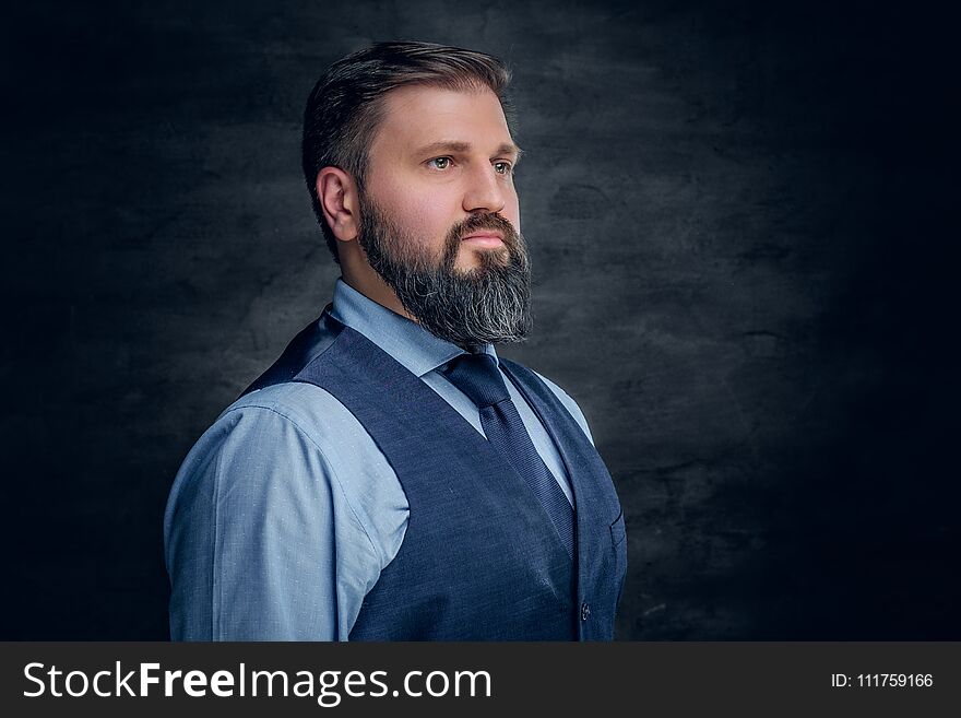 Portrait of elegant bearded middle age male dressed in a shirt and waistcoat. Portrait of elegant bearded middle age male dressed in a shirt and waistcoat.