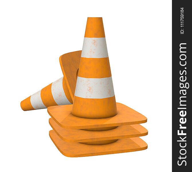 Traffic cone. Orange road sign with white stripes 3d render isolated on white background. Under construction concept. Traffic cone. Orange road sign with white stripes 3d render isolated on white background. Under construction concept.