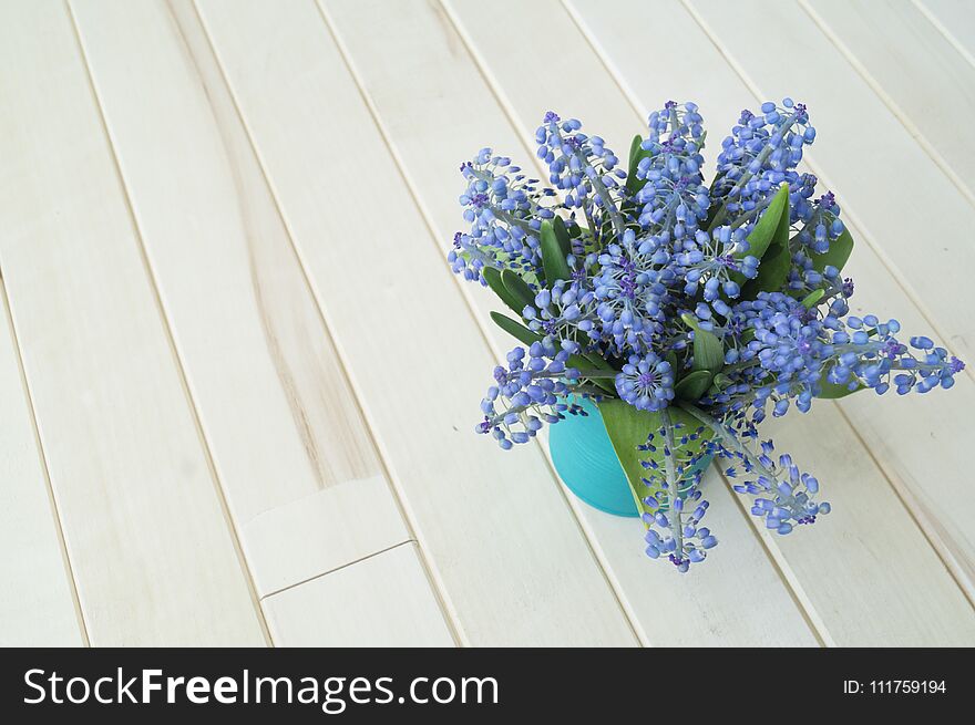 A bouquet of Muscari. Wooden background. The view from the top. A bouquet of purple flowers standing in a tin. The rustic style. Mono bouquet.