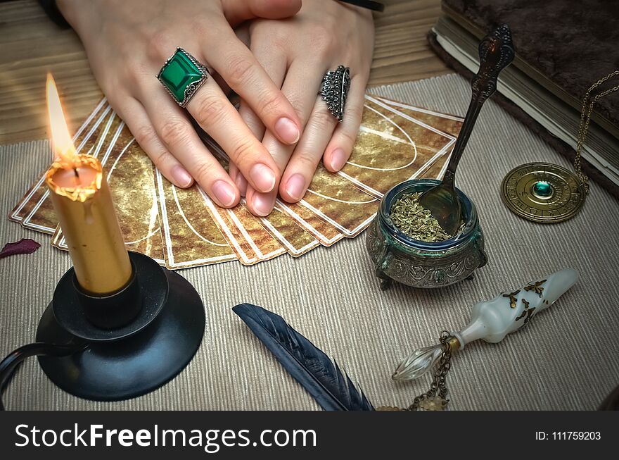 Tarot cards on fortune teller desk table. Future reading. Tarot cards on fortune teller desk table. Future reading.