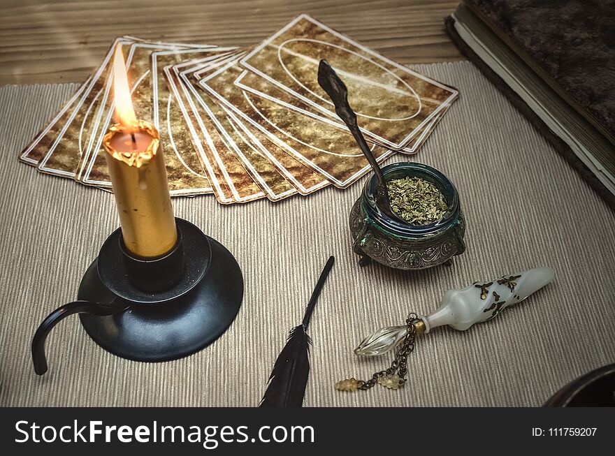 Tarot cards deck on fortune teller magic desk table. Future reading. Tarot cards deck on fortune teller magic desk table. Future reading.