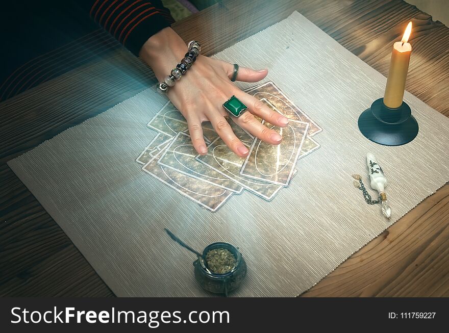 Tarot cards on fortune teller desk table. Future reading. Tarot cards on fortune teller desk table. Future reading.