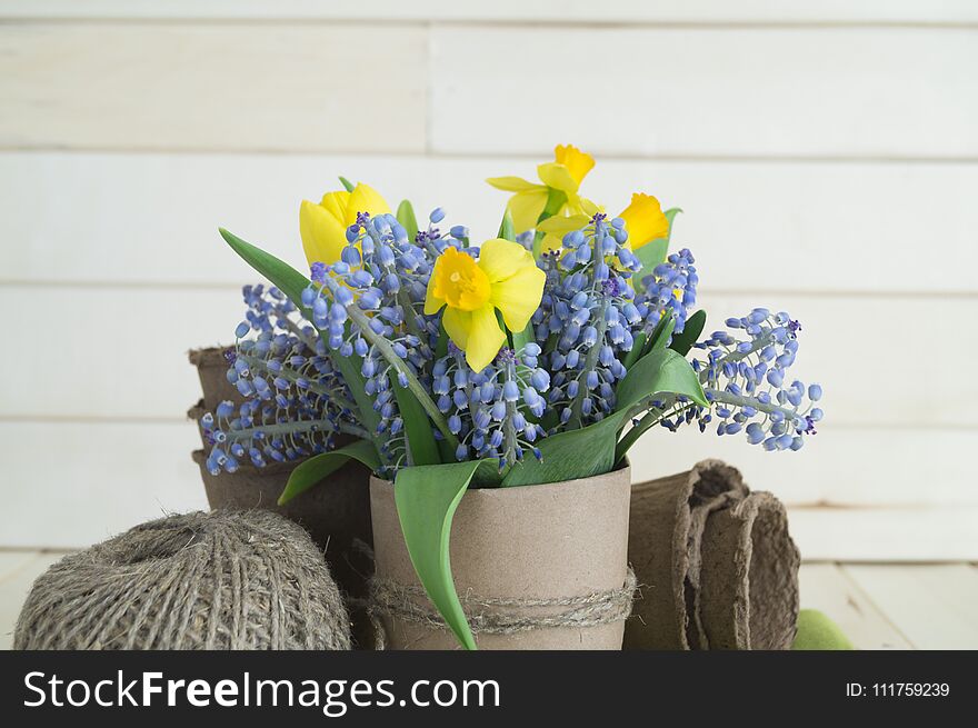 Bouquet of daffodils, tulips and Muscari.Easter.