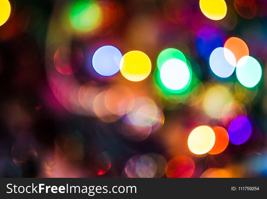 Decorated Christmas tree and colorful garland lights, defocused background, bokeh effect. Decorated Christmas tree and colorful garland lights, defocused background, bokeh effect.