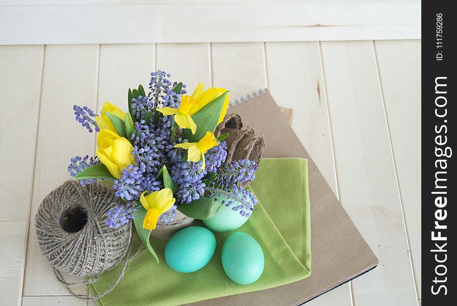 Bouquet of daffodils, tulips and Muscari.Easter.