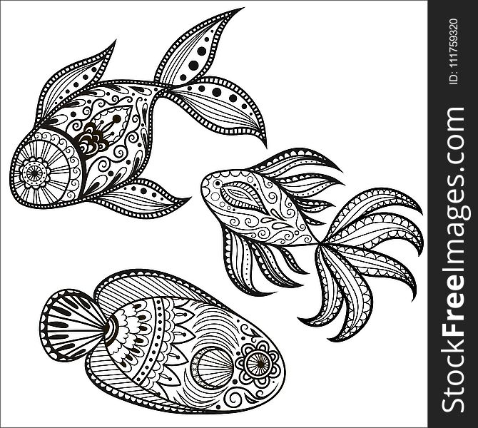 A set of fish sketch icons. Vector isolated aquarium fishnet.