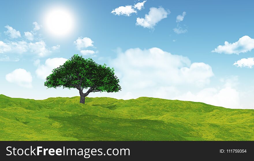 3D Cherry Tree In A Grassy Landscape