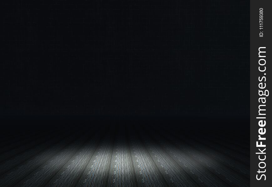 3D dark grunge interior with spotlight shining on wooden floor