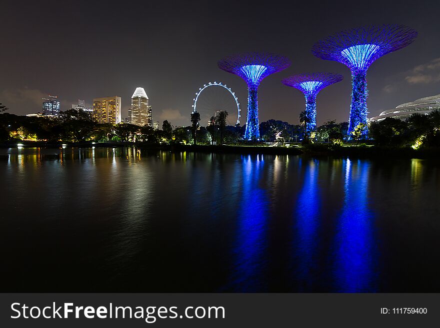 Night shot of Singapore skyline with Gardens by the Bay supertrees, Singapore Flyer and hotels reflected in water