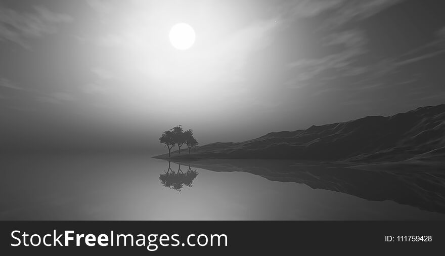 3D render of a foggy landscape with trees on island in grayscale. 3D render of a foggy landscape with trees on island in grayscale