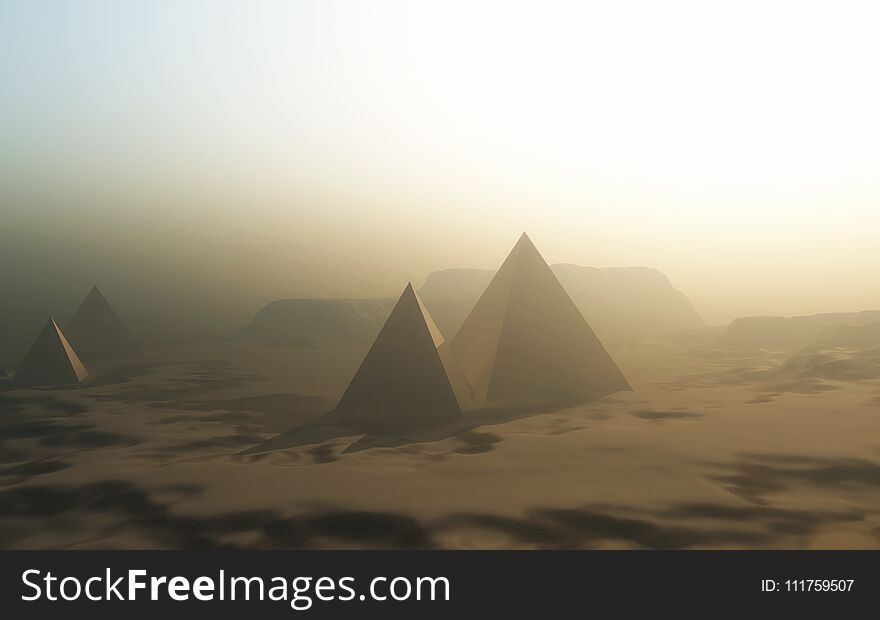 3D render of a landscape with pyramids in misty desert. 3D render of a landscape with pyramids in misty desert