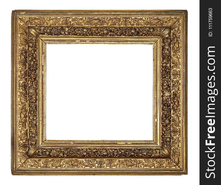 Old vintage golden square frame on a white background, isolated. Old vintage golden square frame on a white background, isolated