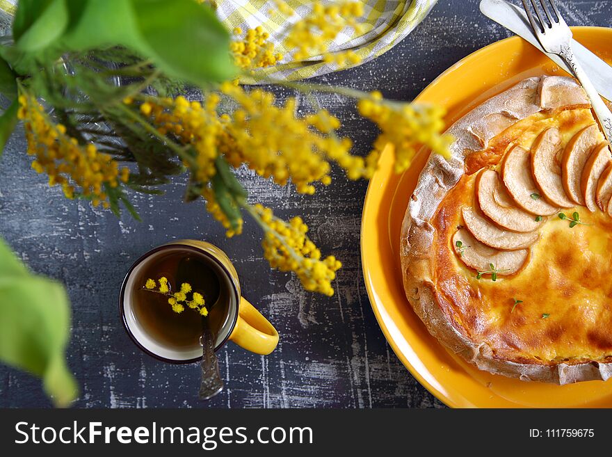 Sweet homemade pizza with apples and cottage cheese