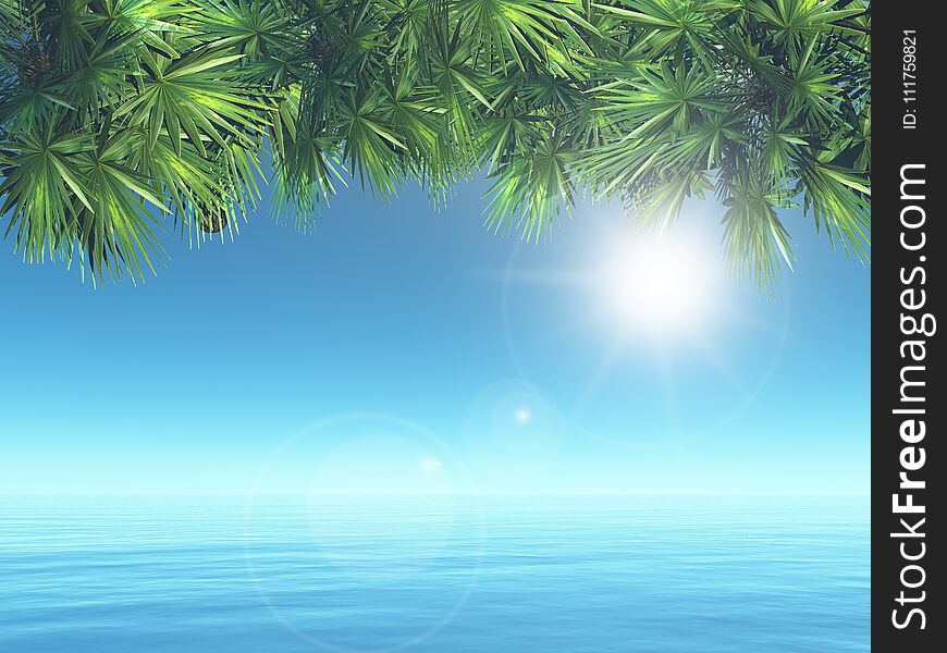 3D render of a tropical landscape with palm tree leaves over ocean. 3D render of a tropical landscape with palm tree leaves over ocean