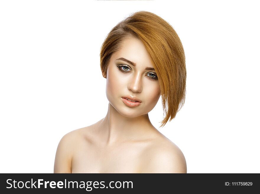 Beautiful young woman with straight short hair isolated on white background